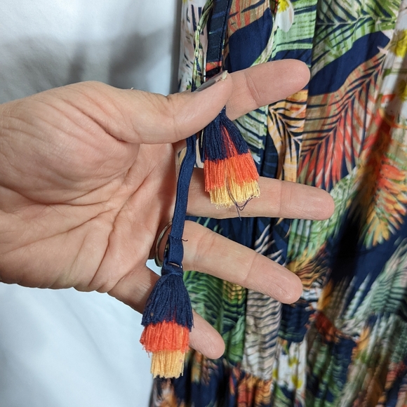 Terra & Sky 1X Maxi Dress Blue Floral Tropical Tassled Pockets Sleeveless 16 18 - Picture 7 of 13